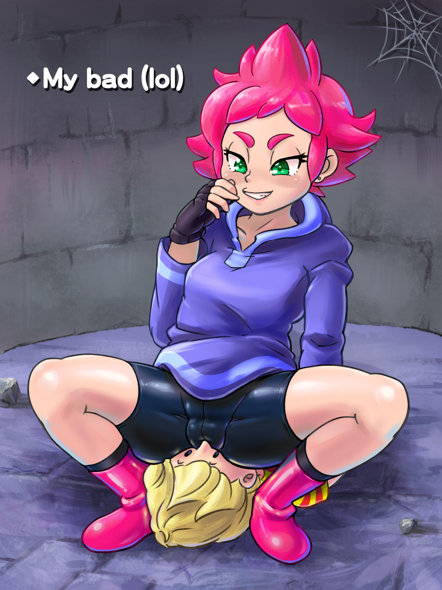ass, bike shorts, black eyes, blonde hair, boots, breasts, dress, ear piercing, english text, eyebrows, facesitting, female, green eyes, kumatora, lucas (mother 3), mother (series), mother 3, naughty face, nintendo, piercing, pink hair, pussy, shorts, sitting, sitting on person, smelling, squatting, striped shirt, text, tight clothing