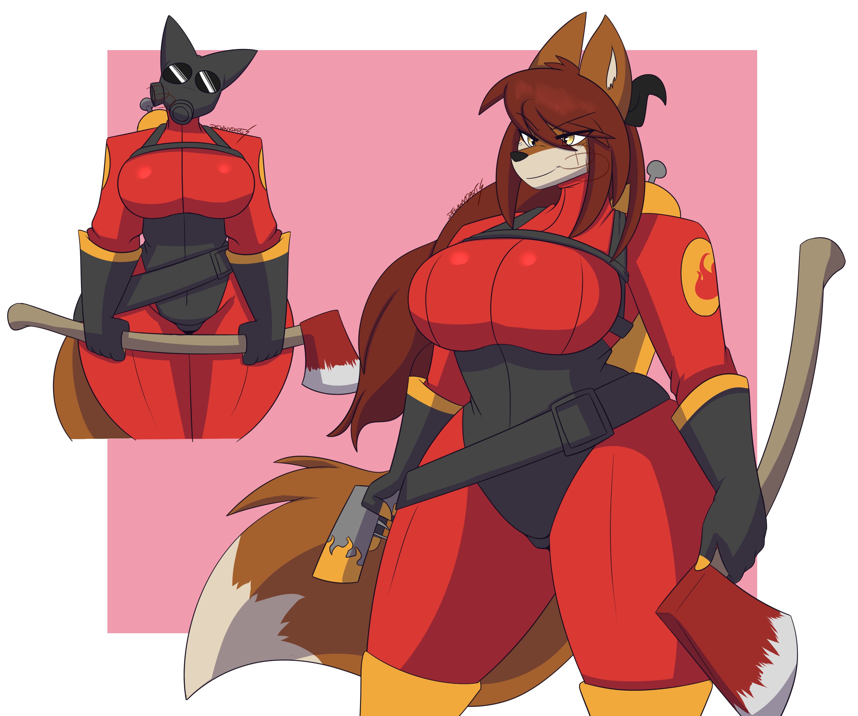 big breasts, breasts, dewwydarts, dewwydartz, female, fempyro, furry, maggie (dewwydartz), pyro (team fortress 2), tagme, team fortress 2, thick thighs