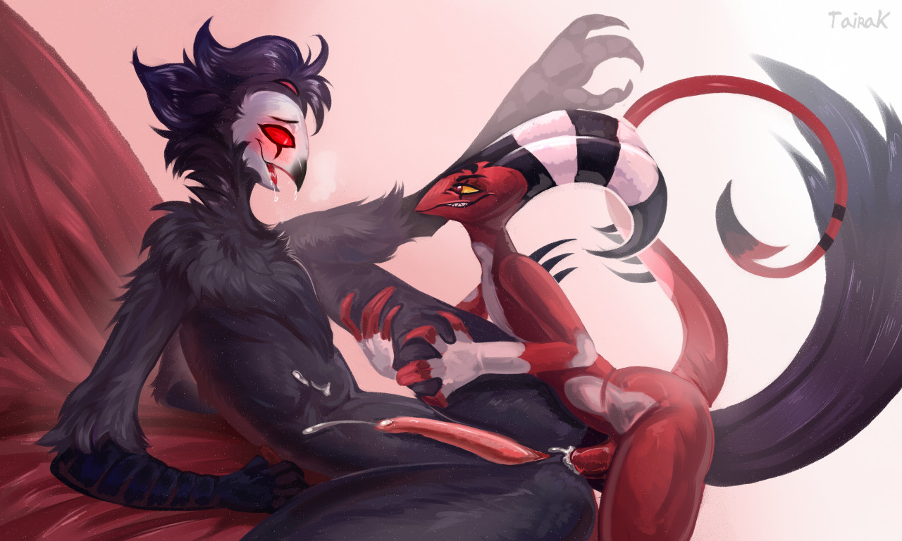2boys, ahe gao, anal, avian, bird, blitzo (helluva boss), demon, gay, helluva boss, imp, looking pleasured, male, male only, male/male, owl, spread legs, stolas (helluva boss), tairak, yaoi