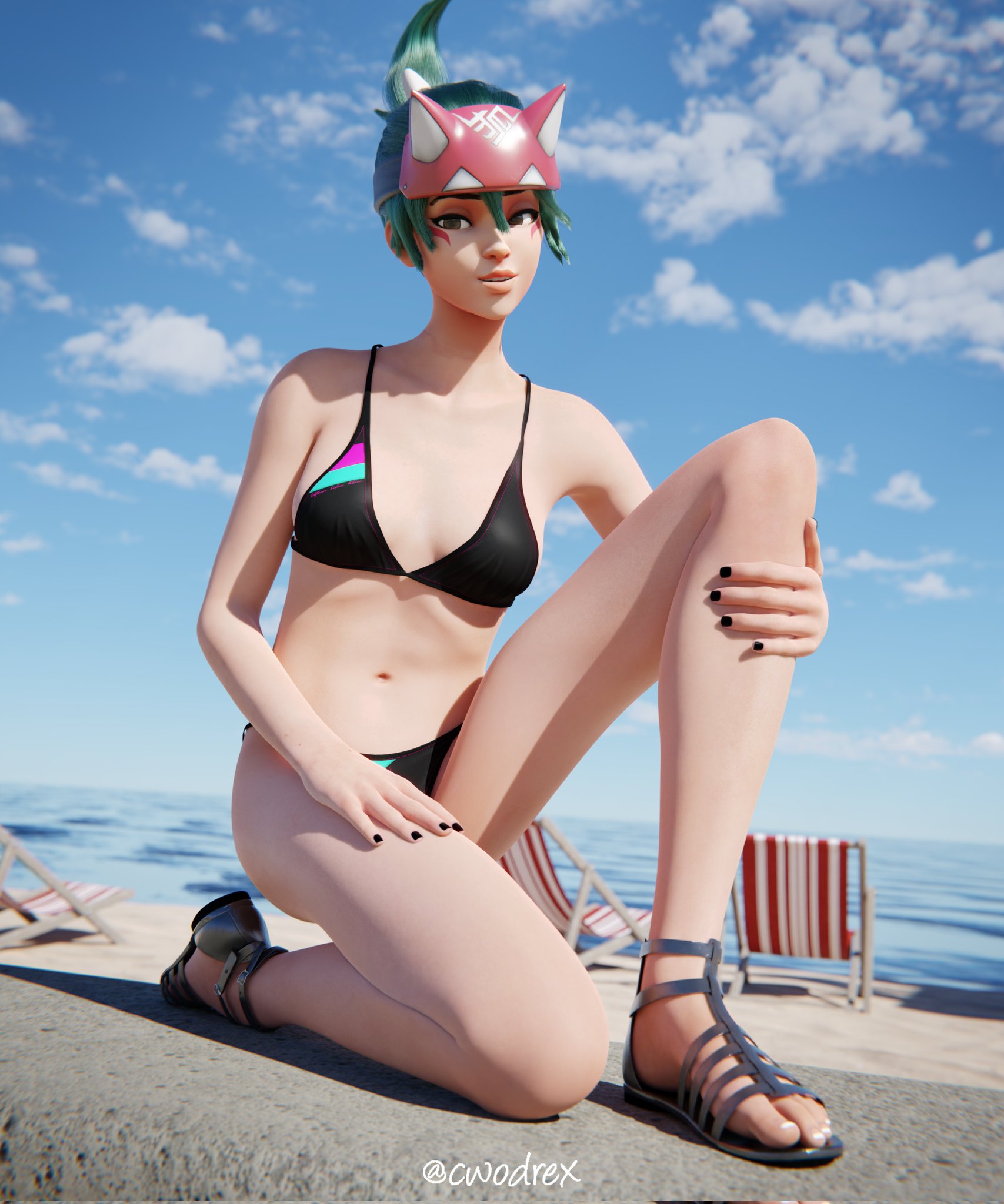 1girls, 2022, 3d, 3d (artwork), alternate version available, artist name, asian, asian female, beach, bikini, black nails, brown eyes, day, feet, female, forehead protector, green hair, human, human only, japanese, japanese female, kiriko (overwatch), light skin, light-skinned female, medium breasts, overwatch, overwatch 2, ponytail, questionable, sandals, solo, solo female