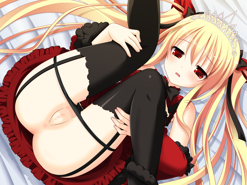 ass blonde_hair bloody_rondo censored game_cg garter_belt luna_freed_queen panties pussy red_eyes sakaki_maki thighhighs tied_hair twintails underwear