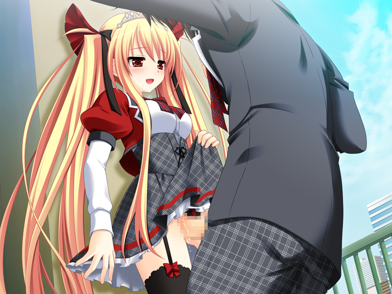 1boy 1girls blonde_hair bloody_rondo censored clothed game_cg garter_belt luna_freed_queen red_eyes sakaki_maki sex skirt skirt_lift thighhighs tied_hair twintails