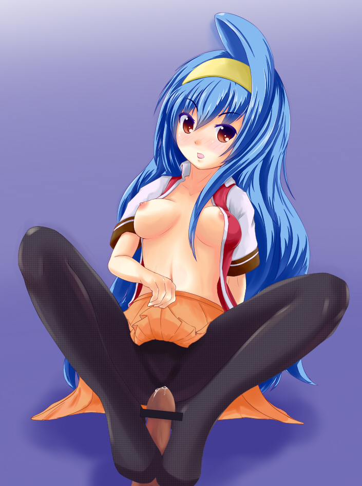 arcana_heart big_breasts blue_hair blush breasts censored feet footjob large_breasts long_hair nipples pantyhose penis school_uniform tsuzura_saki