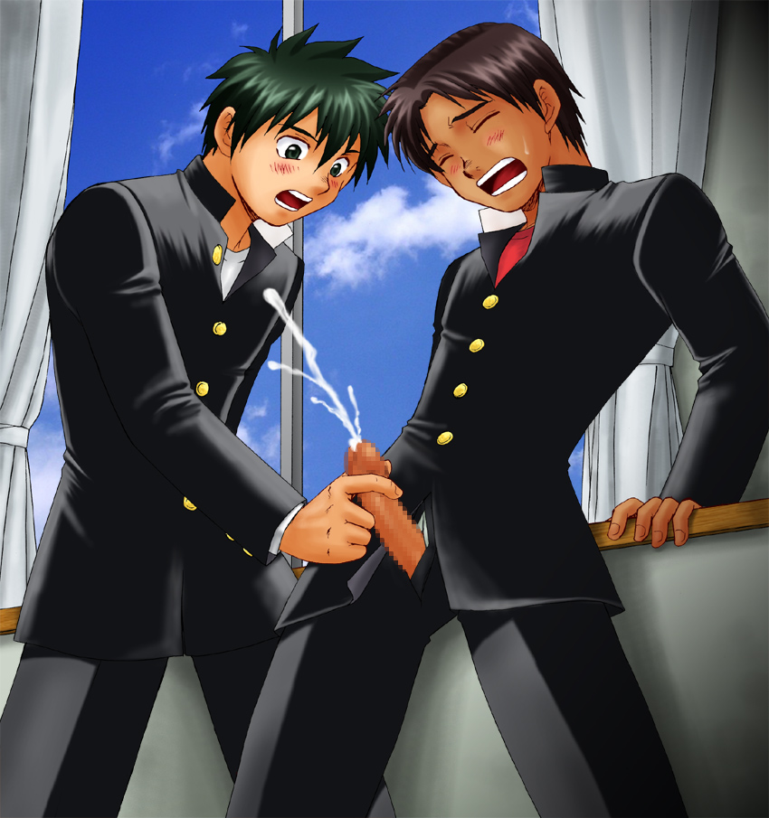 2boys black_jacket blue_sky blush brown_hair censored closed_eyes clothing cloud club_z cum curtains dark-skinned_male dark_skin ejaculation gakuran gay green_eyes green_hair handjob holding_penis male male_only masturbating_other matching_hair_and_eyes mosaic_censoring mouth_open multiple_boys open_fly orgasm_face orgasm_from_handjob penis pixelated pointless_censoring red_shirt school school_uniform schoolboy standing student sweatdrop tan_penis tan_skin uniform window yaoi