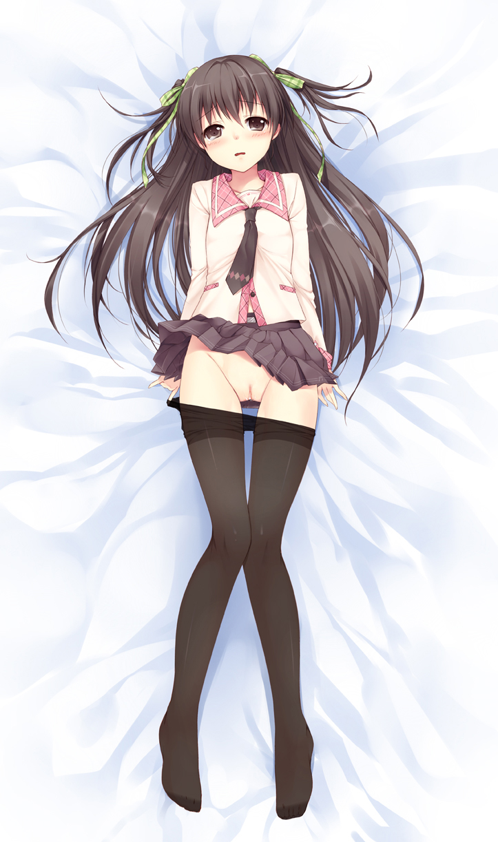 blush brown_eyes brown_hair censored dakimakura hair_ribbon itou_nanami long_hair lying necktie on_back original pantyhose pantyhose_pull pussy ribbon school_uniform short_twintails skirt twintails