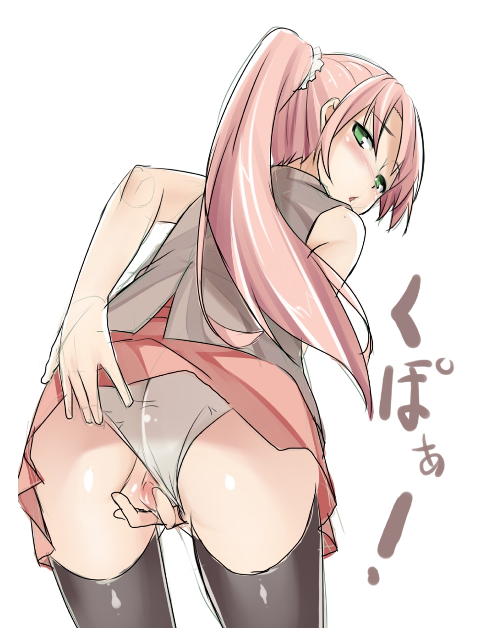 black_legwear black_thighhighs blush female green_eyes hagane7728 highres kupaa looking_back masturbation open_mouth original panties panties_aside ponytail presenting pussy sketch solo spread_pussy thighhighs tied_hair uncensored underwear white_panties