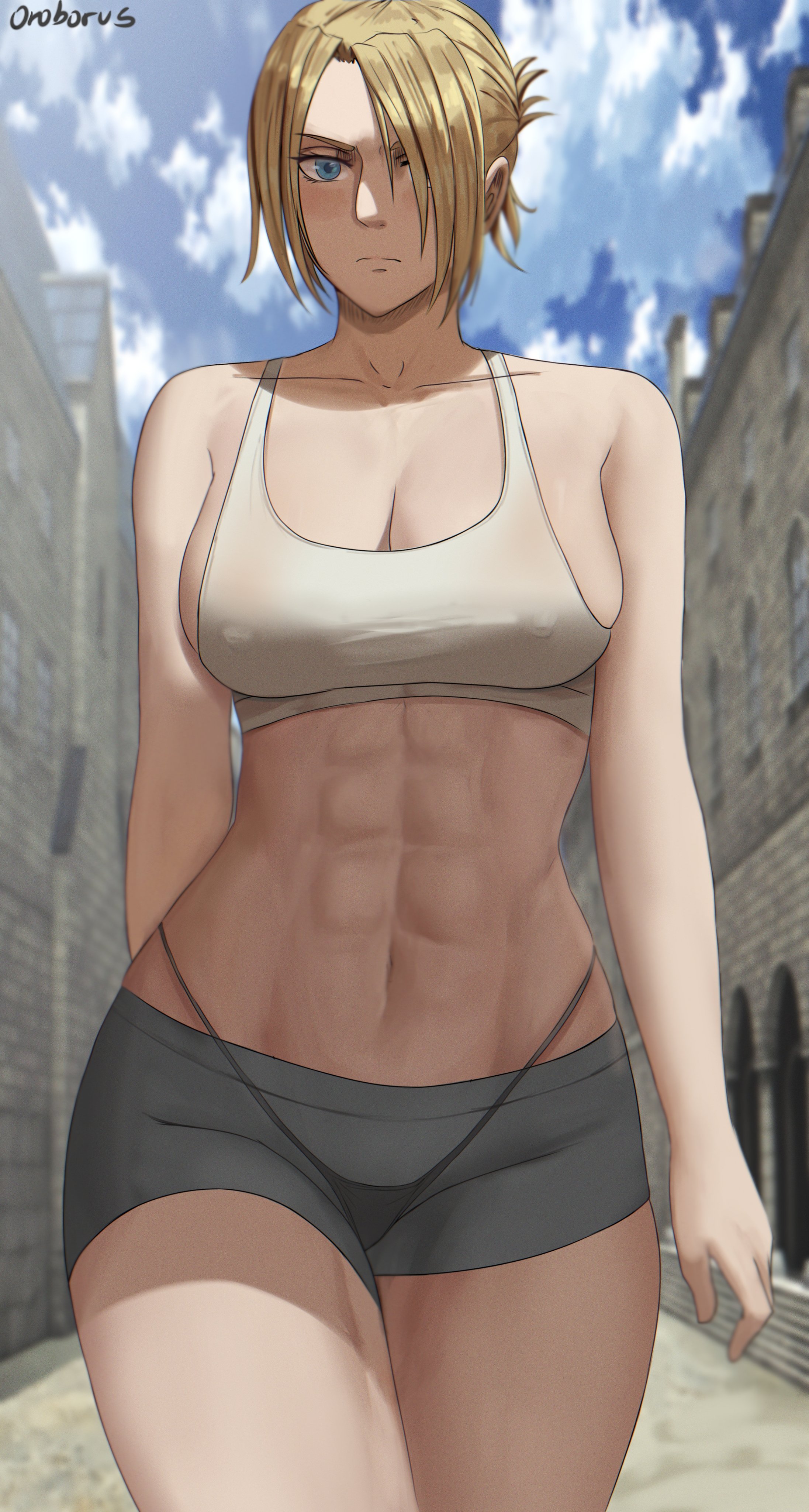 1girls, abs, annie leonhardt, attack on titan, big breasts, blonde hair, blue eyes, breasts, detailed background, female, female only, gym shorts, hard nipples, hi res, large breasts, looking at viewer, midriff, oroborusart, savagexthicc, shingeki no kyojin, shorts, solo, solo female, tank top, thick, thong, voluptuous, whale tail