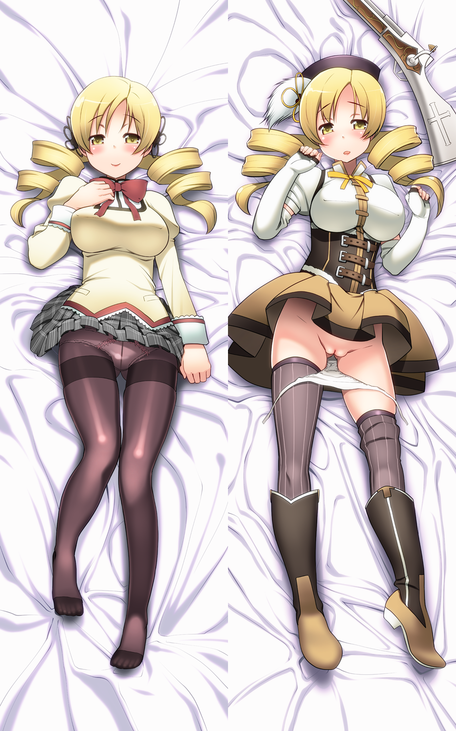 bad_pixiv_id bed_sheet beret black_legwear black_thighhighs blonde_hair blush body_blush boots breasts brown_legwear dakimakura detached_sleeves drill_hair elbow_gloves embarrassed feet fingerless_gloves gloves gun hair_ornament hairpin hat highres magical_girl magical_musket mahou_shoujo_madoka_magica okina_sai okina_sen open_mouth panties panties_under_pantyhose panty_pull pantyhose plaid plaid_skirt pleated_skirt puffy_sleeves pussy ribbon rifle school_uniform shy skirt smile taut_shirt thighhighs tied_hair tomoe_mami twin_drills twintails uncensored underwear vertical-striped_legwear vertical_stripes weapon yellow_eyes