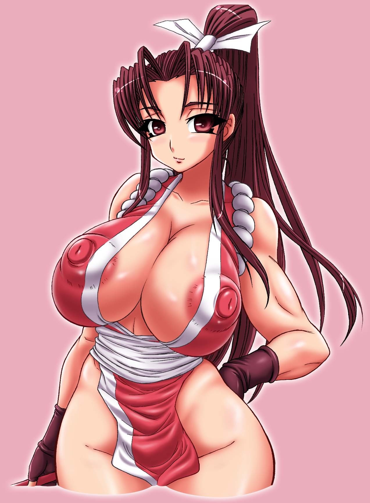 areola_slip blush breasts female female_only highres huge_nipples human king_of_fighters large_breasts mai_shiranui nipples purple_eyes purple_hair smile solo yukimaru_(gojo)