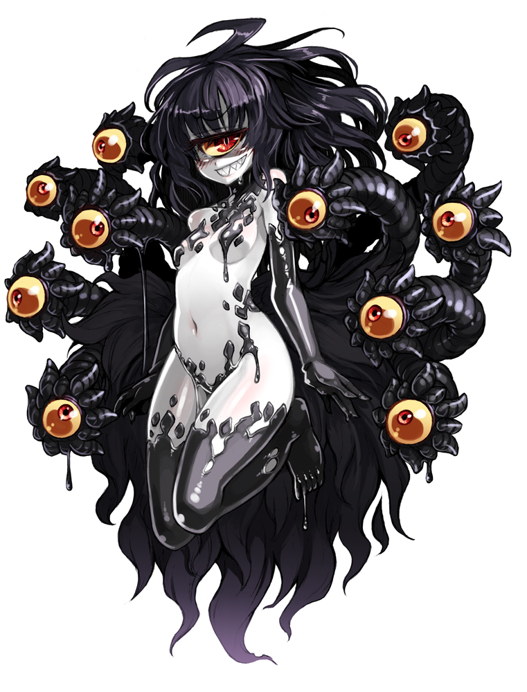 1_eye black_hair breasts cyclops female gazer_(monster_girl_encyclopedia) kenkou_cross long_hair looking_at_viewer mamono_girl_lover monster_girl monster_girl_encyclopedia multi_eye official_art pale_skin red_eyes sharp_teeth small_breasts smile solo teeth tentacle white_skin yellow_sclera