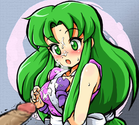 breath censored cum cum_on_body cum_on_upper_body facial ganbare_goemon green_eyes green_hair japanese_clothes konpeto long_hair open_mouth penis surprised yae_(ganbare_goemon)