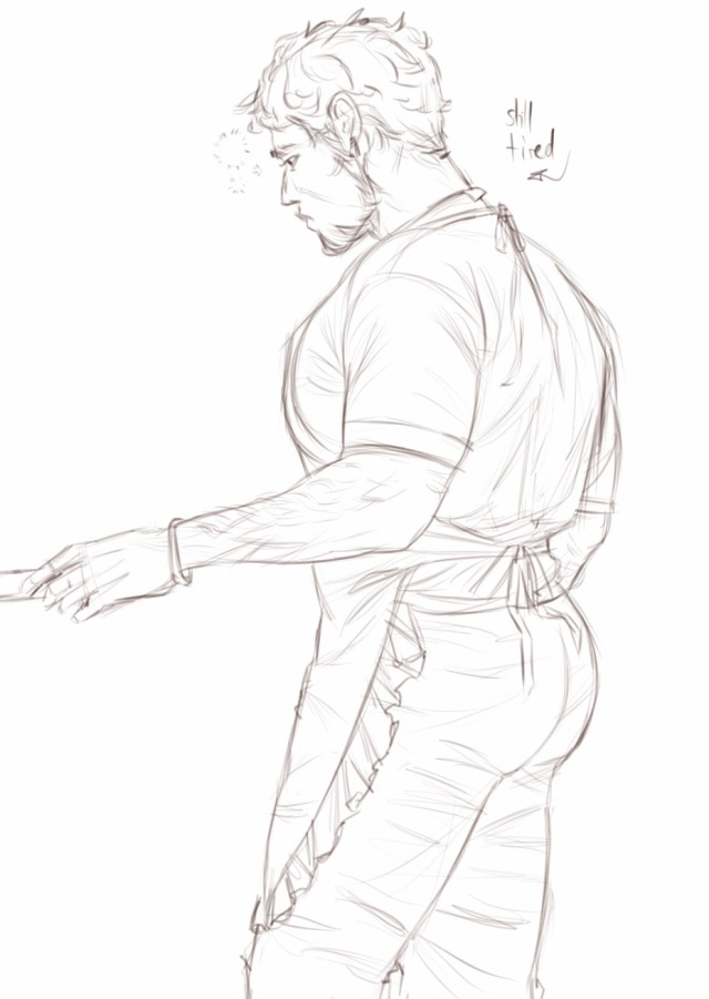 1boy apron bara body_hair bracelets cooking dilf eegnm male_focus male_only monochrome naruto naruto_(classic) naruto_shippuden pants sarutobi_asuma shirt sketch solo solo_male tired tumblr tumblr_username