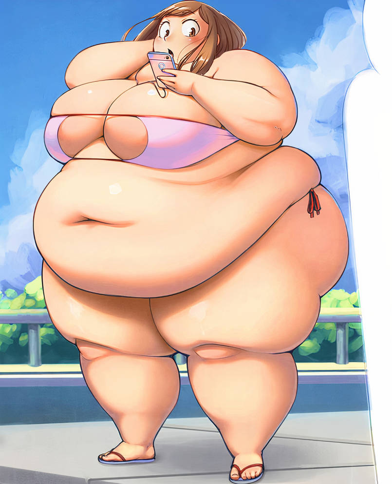 1girls, bbw, better with salt, big belly, big breasts, bikini, bikini bottom, bikini top, breasts, brown hair, fat, female, female only, huge belly, large belly, morbidly obese, my hero academia, obese, obese female, ochako uraraka, overweight, overweight female, ssbbw