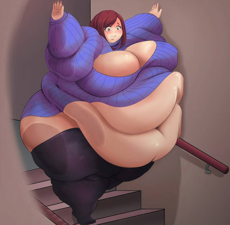 1girls, bbw, big belly, big breasts, breasts, brown hair, fat, female, female only, huge belly, large belly, my hero academia, obese, obese female, ochako uraraka, overweight, overweight female, ssbbw, stairs