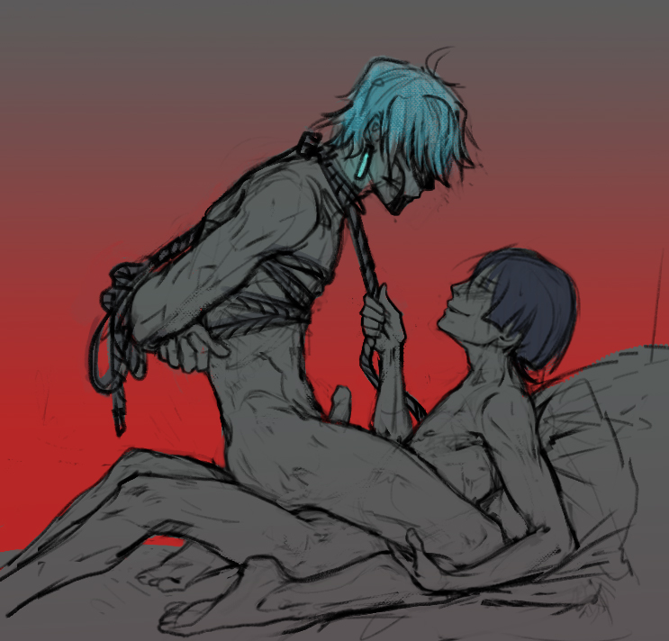 2boys, arms behind back, cowgirl position, dominant male, dottore (genshin impact), earring, earrings, female, gay, genshin impact, light blue hair, male, maledom, malesub, purple hair, red background, rope, rope bondage, scaramouche (genshin impact), submissive male, tagme, yaoi