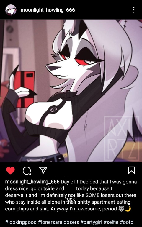 1girls, accurate art style, axxxolartz, big breasts, black clothing, breasts, canine, clothed, edit, edited, female, fur, grey hair, hellhound, helluva boss, huge breasts, instagram, loona (helluva boss), nipples, screencap, screenshot, screenshot edit, selfie, vivienne medrano, white fur, white skin