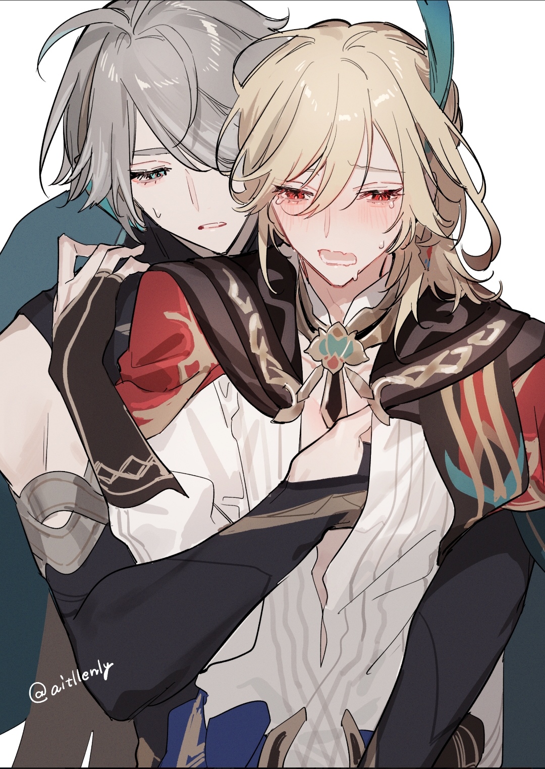 alhaitham (genshin impact), blonde hair, breasts, crying, flushed, gay, genshin impact, grey hair, groping, groping breasts, groping from behind, kaveh (genshin impact), male, male only, mlm, red eyes, twink, yaoi