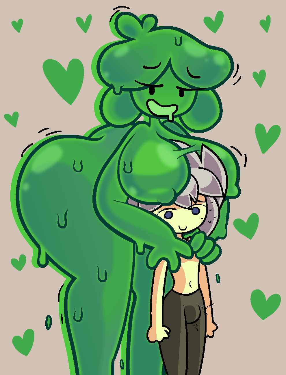 1boy 1girls artist_request big_ass big_breasts breasts brickey bulge drooling female imminent_sex male size_difference slime_girl slymee smaller_male unknown_artist