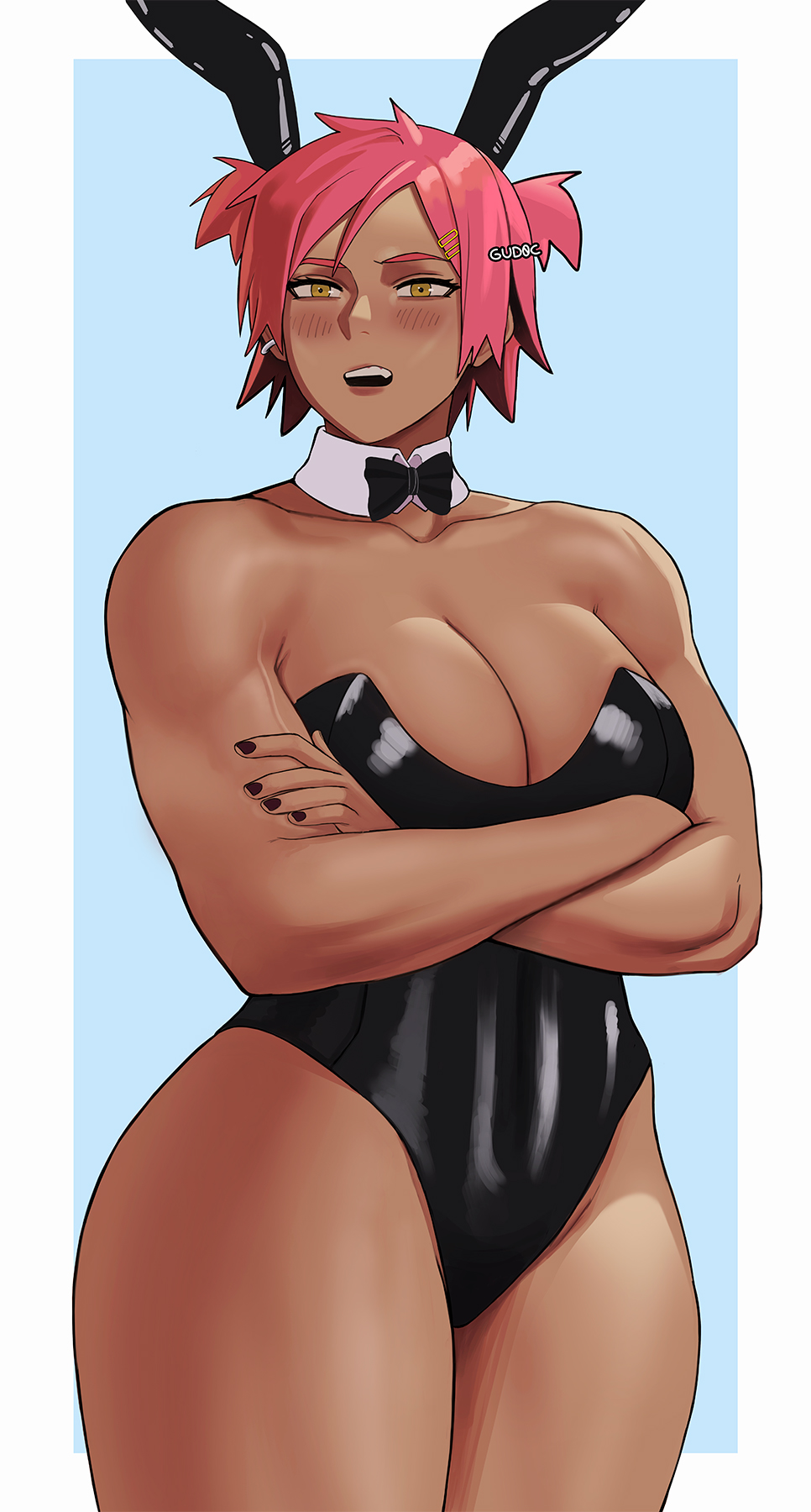 1girls, big breasts, blush, breasts, bunny ears, bunnysuit, cleavage, crossed arms, dark skin, dark-skinned female, detached collar, female, gud0c, hairclip, hi res, looking at viewer, narrowed eyes, neck ribbon, original, original character, pink hair, solo, thick thighs, yellow eyes