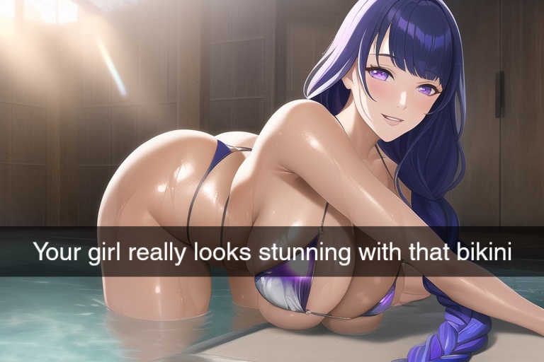 ai generated, bikini, breasts, cuckold, female, genshin impact, large breasts, nai diffusion, purple eyes, purple hair, raiden shogun, snapchat, stable diffusion