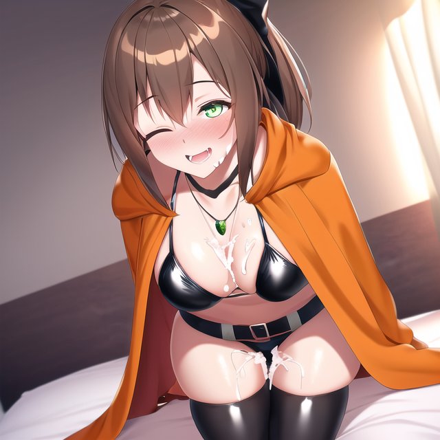 ai generated, blush, breasts, brown hair, cum in mouth, cum on breasts, cum on pussy, dressed, female, friend oliver, green eyes, medium breasts, nai diffusion, one eye closed, open mouth, ponytail, pussy, re:zero kara hajimeru isekai seikatsu, saliva, shaula (re:zero), stable diffusion