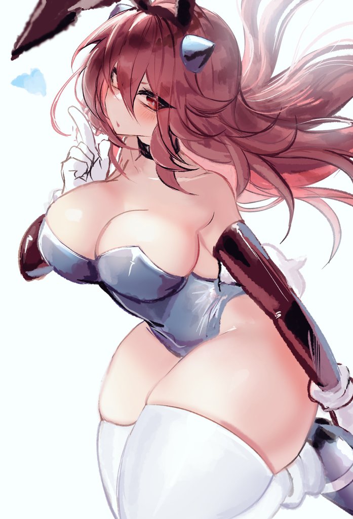 1girls, big breasts, blush, breasts, bunny ears, bunnysuit, female, friday night funkin, girlfriend (friday night funkin), gloves, large breasts, long hair, mega cd girlfriend, red eyes, simple background, thick thighs, thighhighs, usa37107692, white background, wide hips