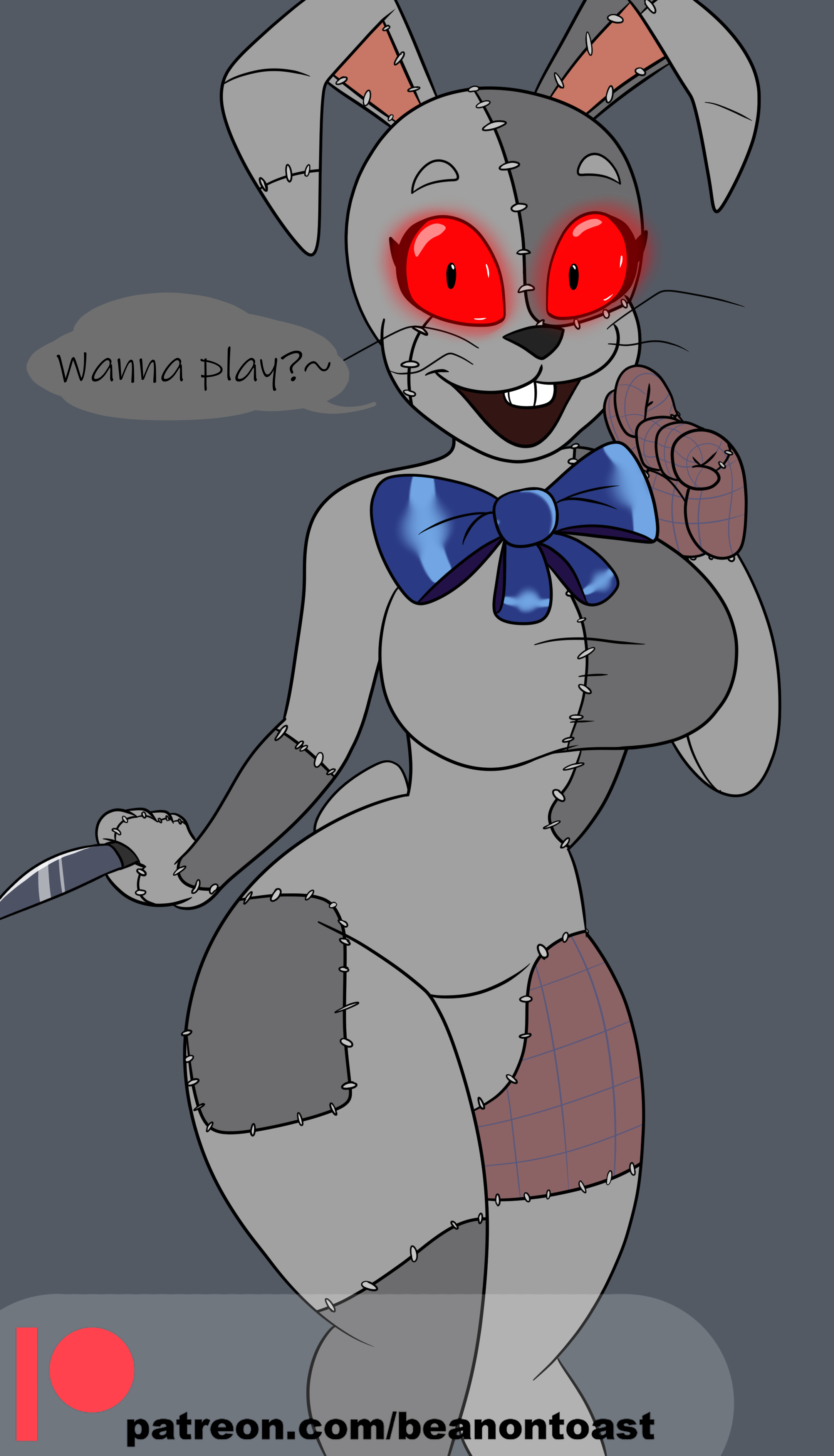 beanontoast, big breasts, bowtie, breasts, bunny, bunny costume, bunny ears, bunny girl, bunny tail, bunnysuit, female, five nights at freddy's, five nights at freddy's: security breach, glowing eyes, knife, looking at viewer, patch (fabric), rabbit, rabbit ears, rabbit girl, rabbit tail, red eyes, solo, speech, speech bubble, suit, text, thick thighs, tight clothing, vanny, vanny (fnaf)