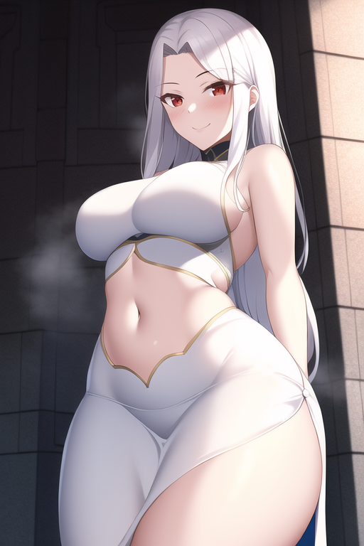 1girls ai_generated alternate_breast_size blush breasts fate/grand_order fate/kaleid_liner_prisma_illya fate/zero fate_(series) female hips huge_breasts irisviel_von_einzbern long_hair looking_at_viewer mature_female milf mommy mother nai_diffusion red_eyes slim_waist smile stable_diffusion thick_thighs thighs white_hair wide_hips