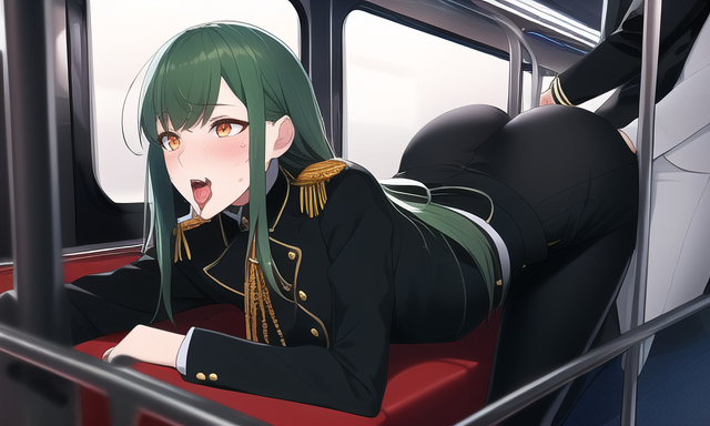 ahe gao, ai generated, ass, ass focus, big ass, blush, dressed, faceless male, female, green hair, long hair, male, nai diffusion, public humiliation, saliva, stable diffusion, suit, tongue, tongue out, uniform, yellow eyes