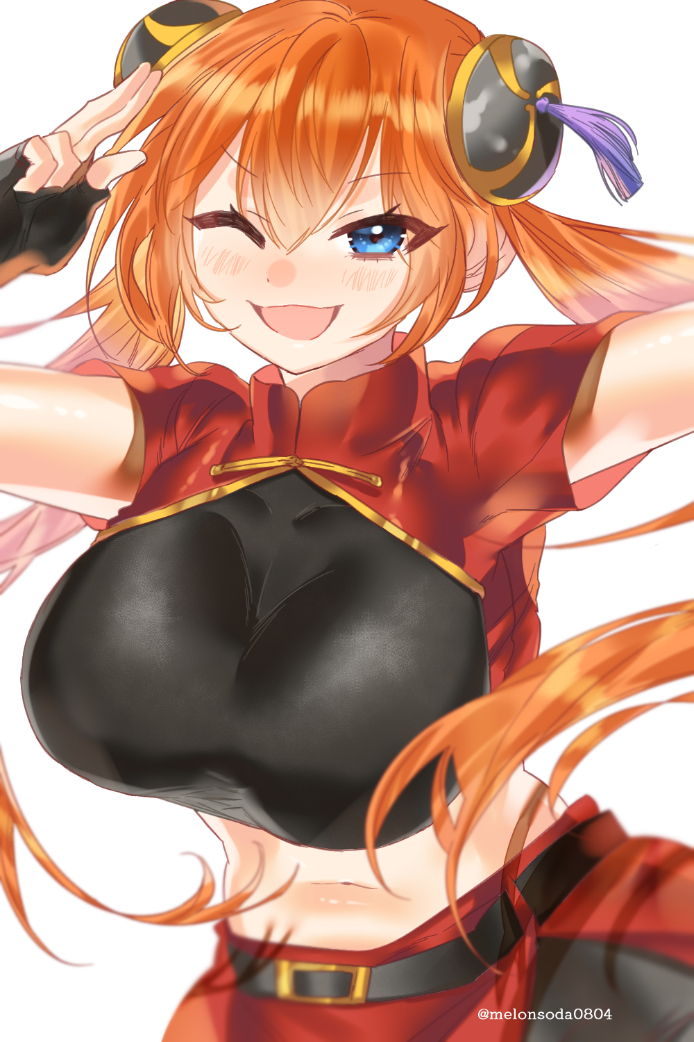 aged_up bare_midriff big_breasts blue_eyes blush bun_cover chinese_clothes crop_top double_bun female female_only fingerless_gloves gintama hair_ornament kagura_(gintama) long_hair looking_at_viewer melonsoda official_alternate_costume open_mouth orange_hair smile solo twintails v wink