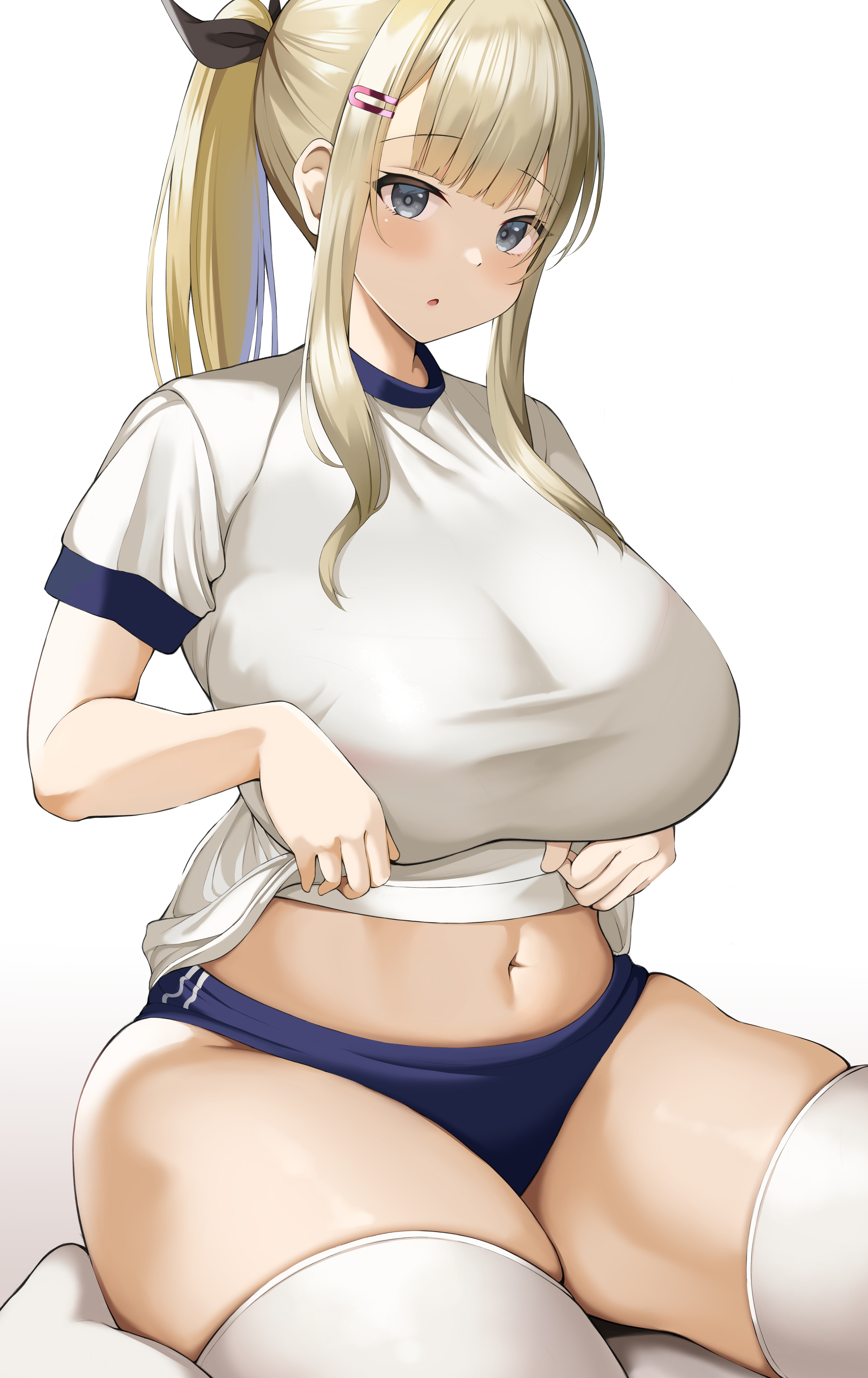 1girls, blonde hair, bloomers, blue eyes, blush, breasts, buruma, female, hi res, hips, kneeling, large breasts, light skin, light-skinned female, long hair, neneneji, oc, original character, slightly chubby, sportswear, thick thighs, thighhighs, thighs, twintails, white shirt, wide hips
