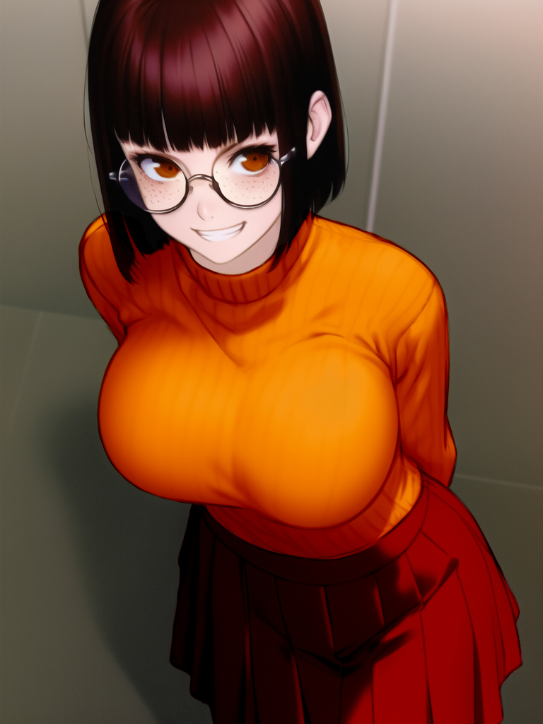 1girls, ai generated, big breasts, breasts, brown hair, curvaceous, curvy body, curvy female, curvy figure, female, female only, glasses, looking at viewer, nai diffusion, scooby-doo, short hair, skirt, solo, stable diffusion, velma dinkley