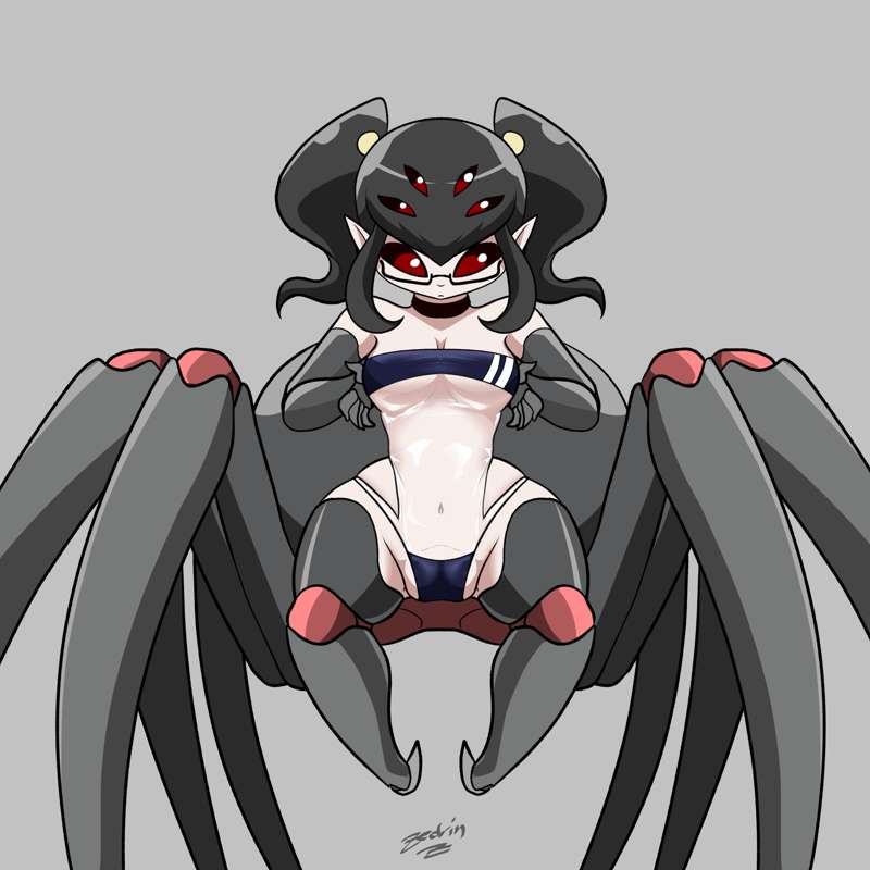 against_glass arachne arachnid arachnid_humanoid breasts cameltoe cesil_(zedrin) glasses gris_swimsuit hips monster_girl small_breasts spider spider_girl spider_has_puss_puss swimsuit twintails wide_hips zedrin