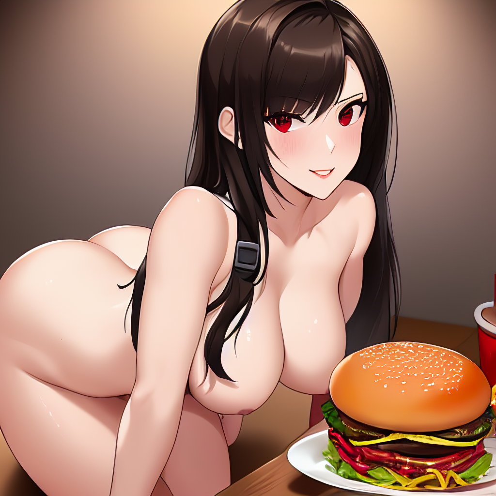 1girls ai_generated ass big_ass big_breasts big_burger big_mac breasts breasts_out burger dat_ass female female_only final_fantasy final_fantasy_vii final_fantasy_vii_remake food imminent_eating mcdonald's nai_diffusion nude red_eyes square_enix stable_diffusion tifa_lockhart