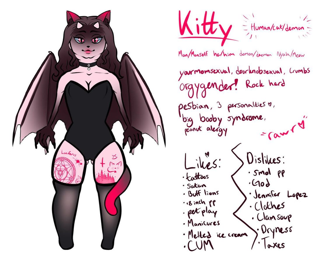 bad_anatomy cat_ears dnfkitten hybrid information kitty_(dnfkitten) lore male male_only non-human one-piece_swimsuit reference_sheet tattoo white_background wings