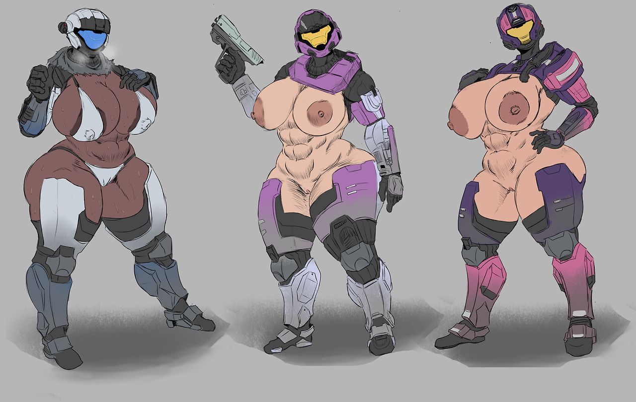 3girls, abs, armor, bikini, bleachedleaves, female, female spartan (halo), halo (series), helmet, human, multiple females, multiple girls, muscular, source request, spartan (halo), sweat
