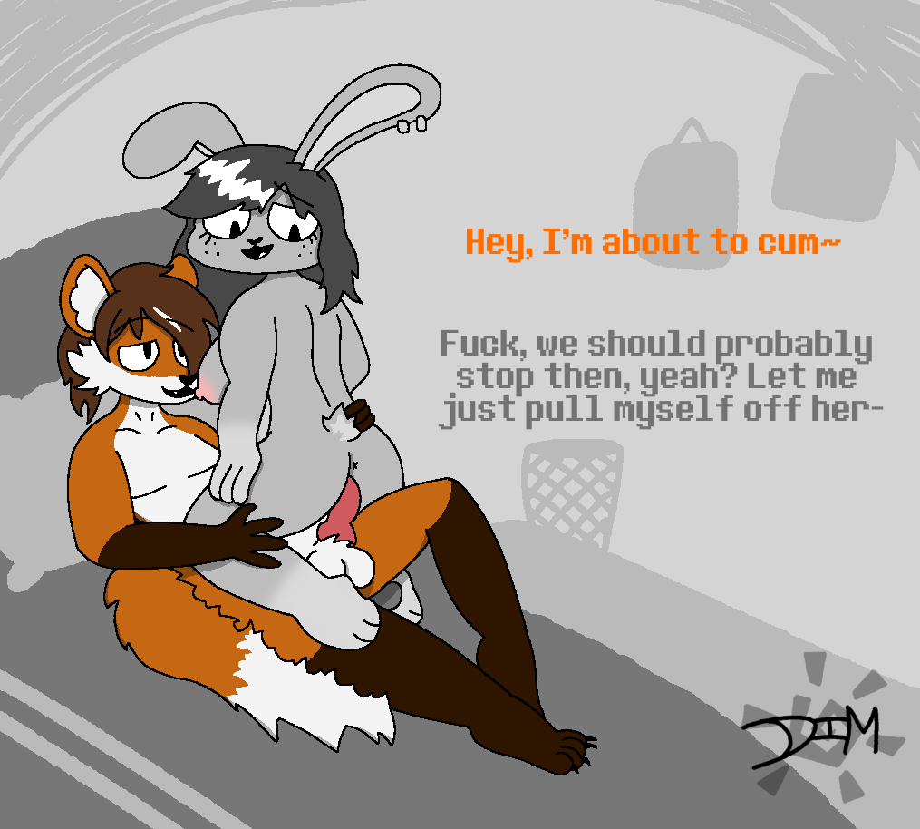 anthro canid canine cowgirl_position dialogue dimsun duo female fox from_front_position lagomorph leporid male male/female mammal nude on_bottom on_top penetration pregnancy_risk rabbit sex simple_background vaginal_penetration vaginal_penetration