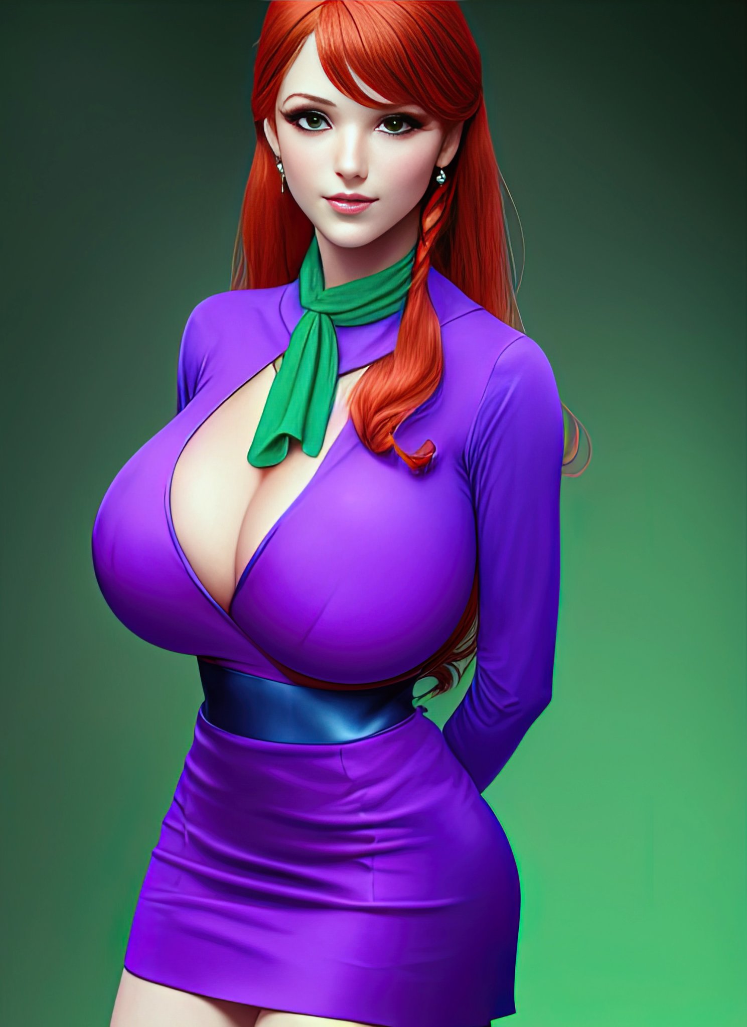 1girls, ai generated, ascot, big breasts, breasts, bulging breasts, cleavage, clothed female, daphne blake, female, female only, ginger hair, hanna-barbera, light skin, light-skinned female, long hair, looking at viewer, orange hair, pale skin, pale-skinned female, red hair, redhead, scooby-doo, solo, solo female, stable diffusion