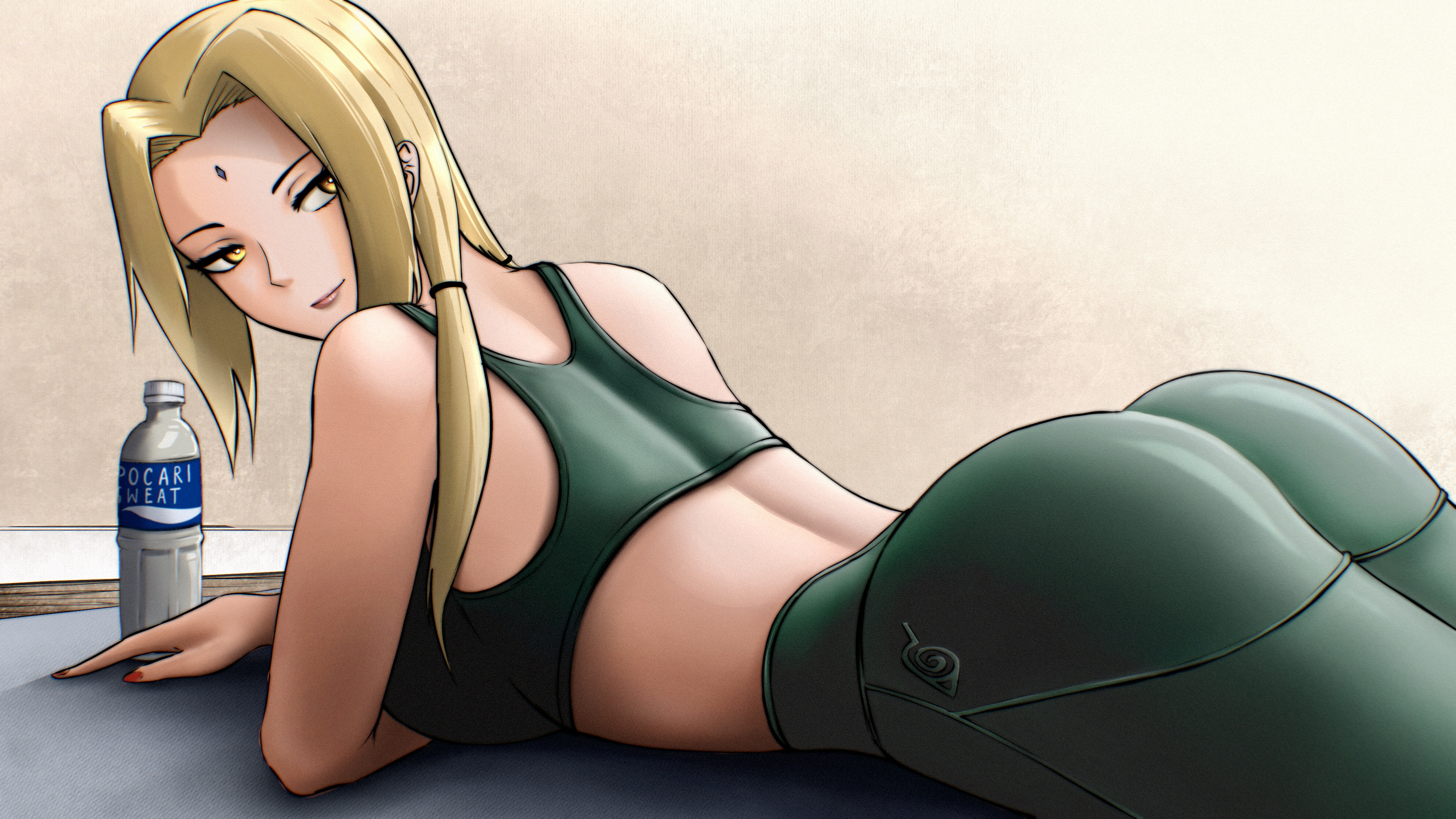 1girls, 2022, 2d, 2d (artwork), adult, adult female, amber eyes, ass, ass focus, big ass, big breasts, blonde hair, bottle, breasts, clothed, clothed female, clothing, drink, eggtartart, female, female only, forehead mark, human, human female, human only, konohagakure symbol, light skin, light-skinned female, looking at viewer, looking back, lying, lying on stomach, mature, mature female, milf, naruto, naruto (series), naruto shippuden, no sex, on stomach, paag, questionable, realistic proportions, sideboob, smile, smiling at viewer, solo, solo female, solo focus, sports bra, the pose, tied hair, tight clothing, tsunade, twintails, voluptuous, workout clothes, yellow eyes, yoga mat, yoga pants
