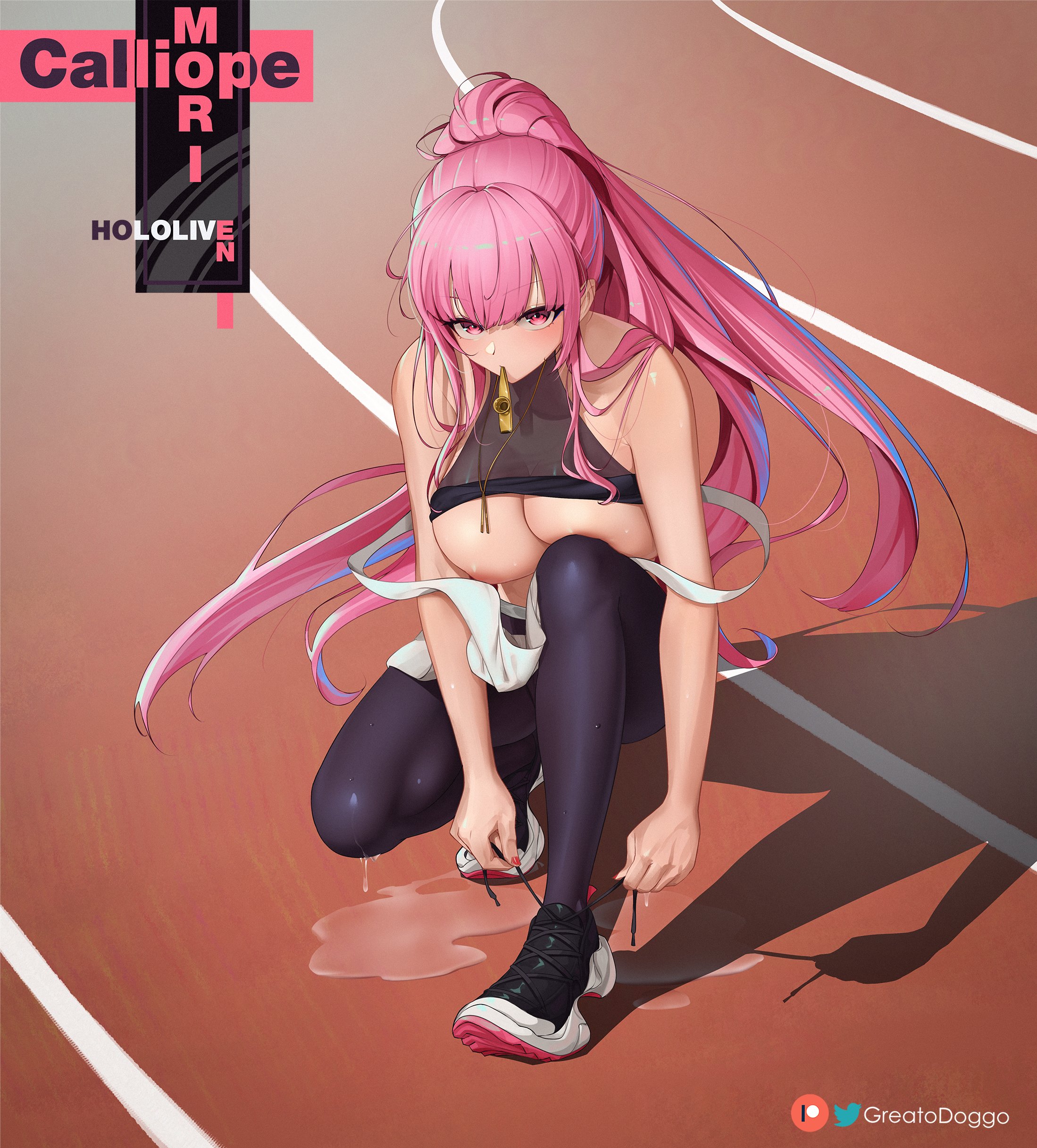 breasts, exposed breasts, female, greatodoggo, hololive, hololive english, hololive myth, large breasts, long hair, mori calliope, no bra, shirt up, sweat, virtual youtuber