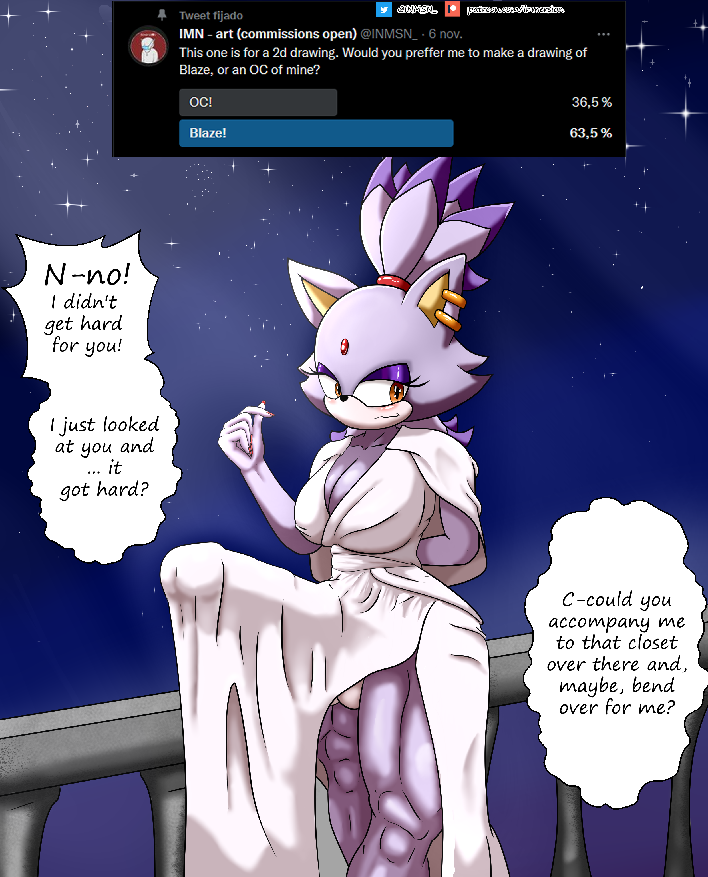 1dickgirl, 1futa, anthro, ass, big ass, big breasts, big cock, big penis, blaze the cat, blush, breasts, bulge, cat ears, cock, compliment, dialogue, dickgirl, dress, earrings, english text, erection, erection under clothes, erection under clothing, feline, furry, futa only, futanari, huge cock, inmersion (artist), intersex, muscular, muscular futa, muscular legs, night, penis, pov, sega, self upload, shy, soft domination, solo, sonic (series), tsundere, twitter username, wide hips, yellow eyes