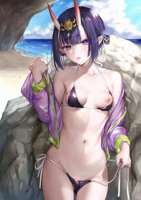 1girls, artist request, bikini, breasts, demon, demon girl, fate (series), fate/grand order, female, light skin, light-skinned female, one breast out, oni, oni horns, perky breasts, petite, purple hair, short hair, shuten douji (fate), small breasts