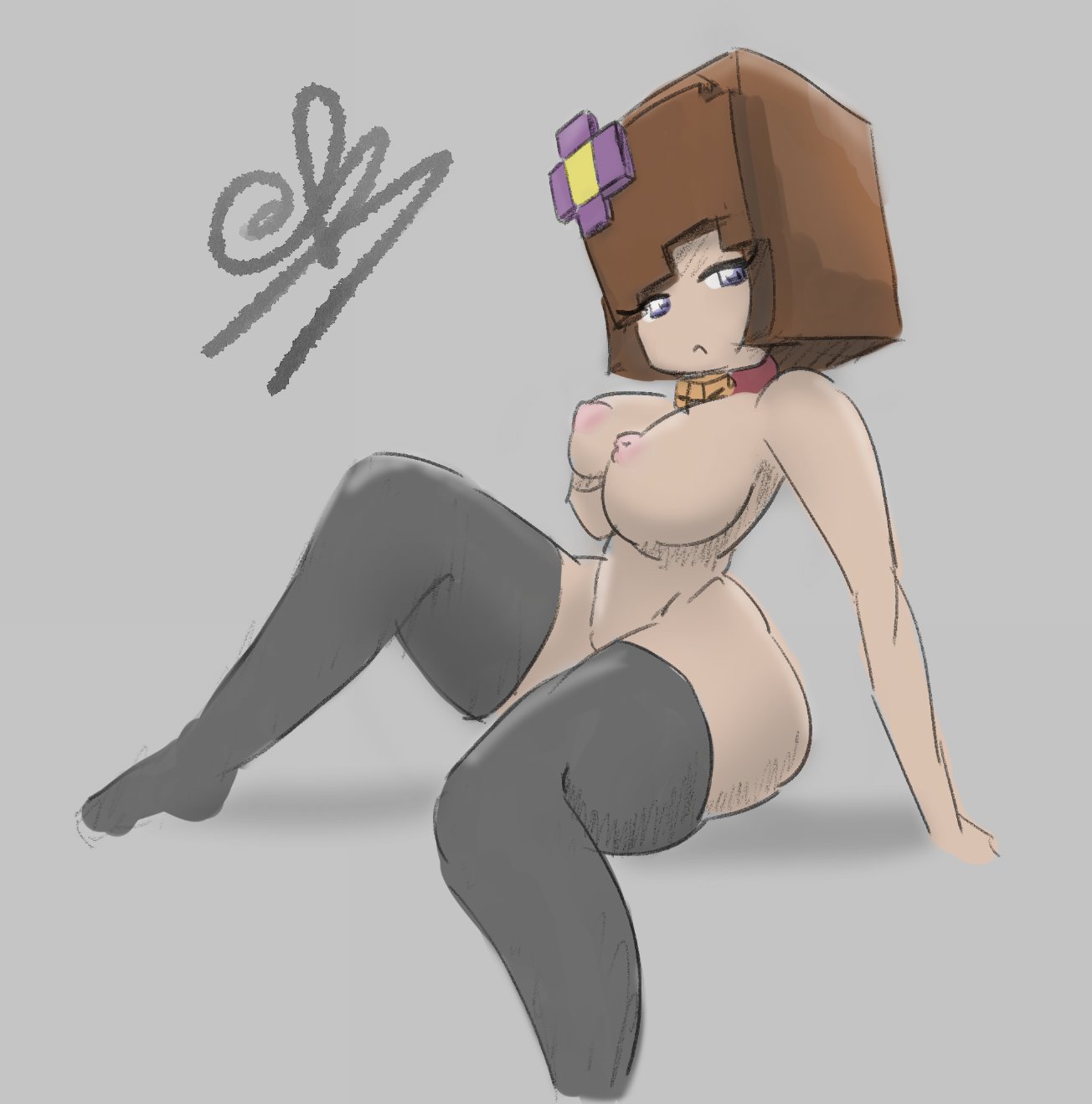 1girls, artist request, artist signature, ass, bell collar, big breasts, black legwear, blue eyes, breasts, brown hair, collar, drawn, female, female only, flower in hair, horny female, human female, humanoid, i cant find the source, jenny belle (slipperyt), large breasts, leggings, looking at viewer, minecraft, nipples, nude, outside, signature, simple background, sitting, solo, source request, square head, tagme, thick thighs, thighhighs, thighs, unamused