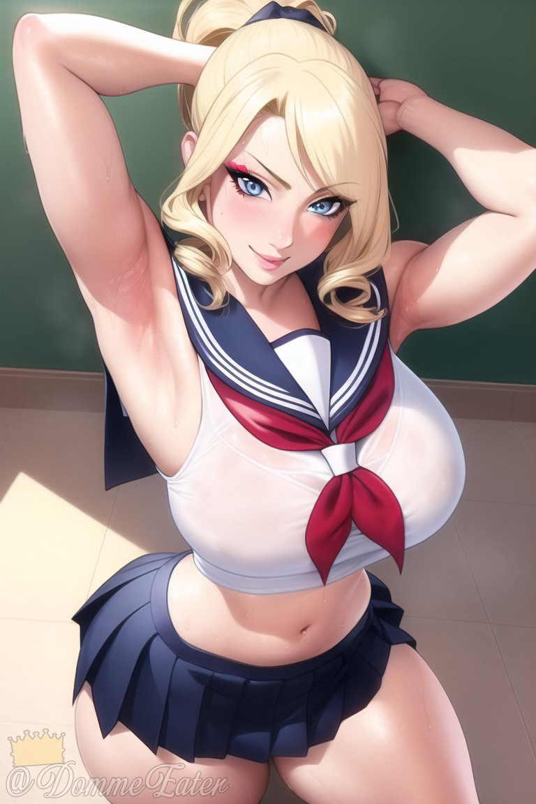 1girls, ai generated, armpit fetish, armpits, arms behind head, arms up, artist self-insert, ascot, athletic, athletic female, belly, big breasts, blonde hair, blue eyes, breasts, busty, clothed, clothed female, clothes, clothing, curvaceous, curvy, curvy body, curvy female, curvy figure, female, female focus, female only, grin, hands behind head, hips, huge breasts, large breasts, light skin, light-skinned female, long hair, looking at viewer, midriff, nai diffusion, navel, queen dee, queen dee (character), school uniform, schoolgirl, see-through, see-through clothing, short skirt, skirt, smile, smiling, smiling at viewer, smirk, smug, solo, solo female, solo focus, stable diffusion, steam, steaming body, stomach, sweat, sweaty, thick, thick thighs, thighs, toned, toned female, voluptuous, wet clothes, wide hips