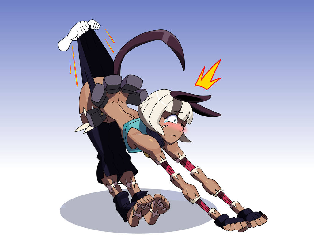 1girls ass black_panties blushing closed_mouth clothing crop_top dark-skinned_female dark_skin female fingerless_gloves floating_gloves floating_hands glove imsomethingradical nadia_fortune one_eye_closed panties pants resisting skullgirls tagme tears toe_claws wedgie white_hair