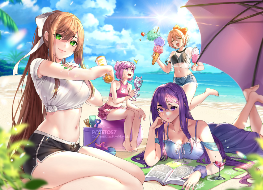 4girls beach beach_towel bikini bikini_skirt black_bikini_top black_shorts blue_nails book bow_in_hair breasts brown_hair closed_eyes clouds cocktail_glass doki_doki_literature_club drink dropping_food exercise_ball female female_only fingernails green_eyes green_nails holding_bottle holding_fan holding_ice_cream_cone ice_cream jean_shorts large_breasts laying_on_stomach long_hair looking_at_viewer midriff monika_(doki_doki_literature_club) multiple_girls nail_polish natsuki_(doki_doki_literature_club) navel no_sex ocean outside pink_bikini pink_eyes pink_hair pink_nails pink_swimsuit plants ponytail potetos7 purple_eyes purple_hair purple_nails reading_book relaxing safe_for_work sayori_(doki_doki_literature_club) seashell see-through see-through_shirt shirt short_hair shorts side-tie_shirt sitting sky sunscreen swimsuit swimsuit_skirt tied_shirt toenail_polish toenails twintails umbrella water white_shirt wholesome wrist_scrunchie yuri_(doki_doki_literature_club)