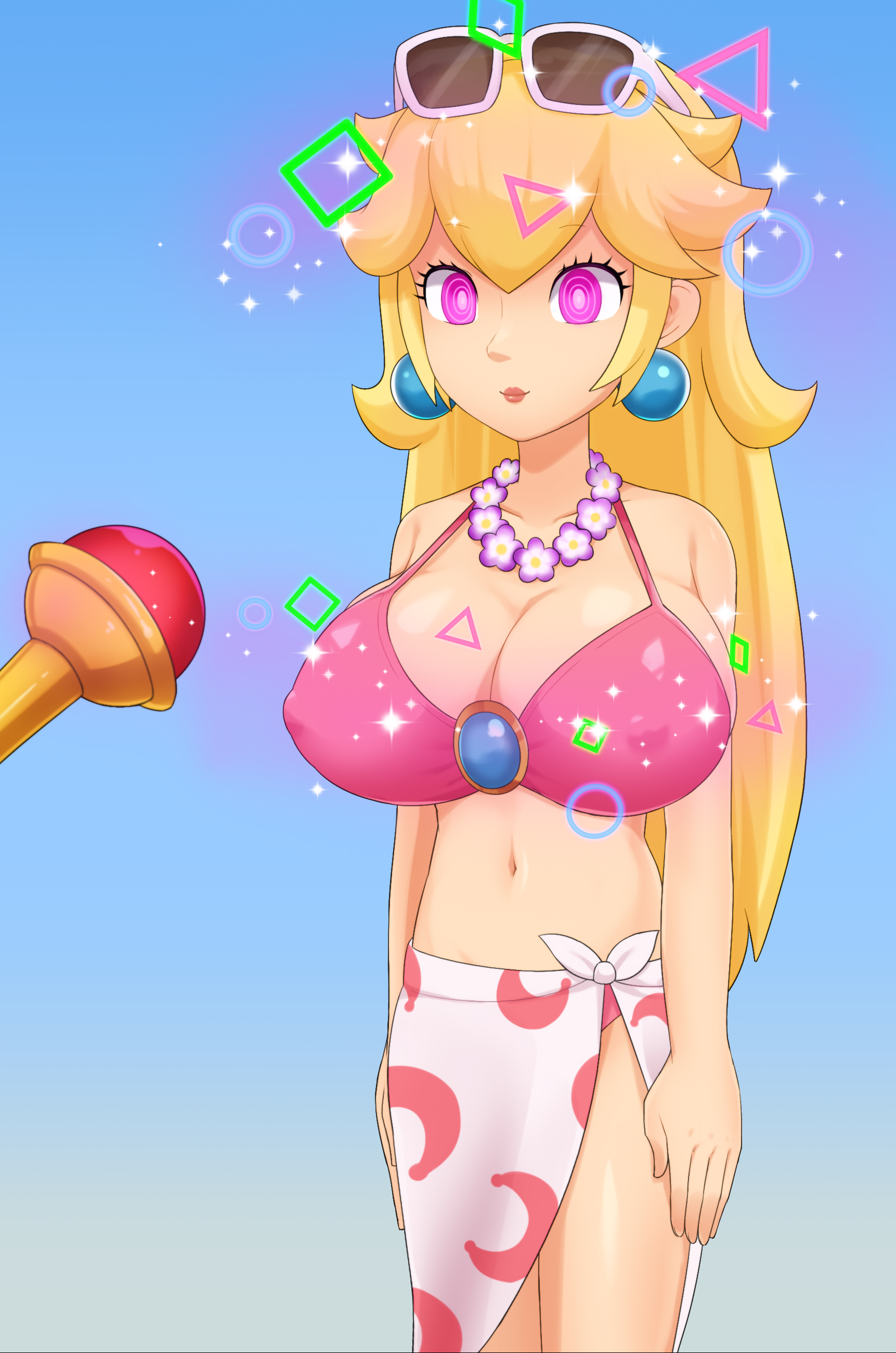 1girls, big breasts, bikini, blonde hair, breast expansion, breast growth, breast growth (enlargement), breasts, busty, cleavage, eyewear on head, female, female only, highres, hypnosis, hypnotic eyes, large breasts, legs, long hair, mario (series), mind control, navel, nintendo, pink bikini, pink eyes, princess peach, princess peach (swimwear), sarong, solo, sunglasses, sunglasses on head, super mario odyssey, swimsuit, thighs, tunberuku, voluptuous