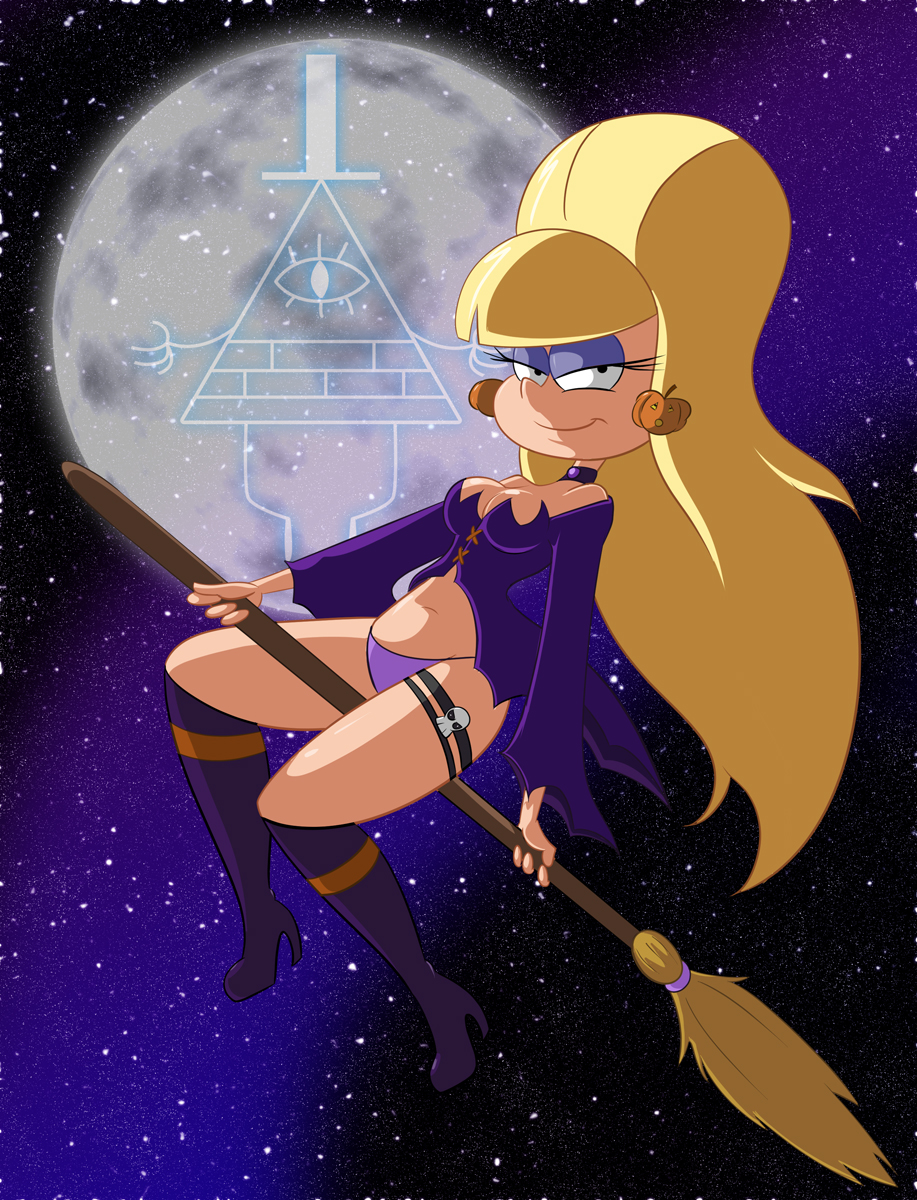 big_breasts big_hair bill_cipher boots bouffant_hair breasts broom cleavage cosplay gravity_falls halloween high_heel_boots high_heels jack-o'-lantern monkeycheese moon pacifica_northwest straight_hair teased_hair witch