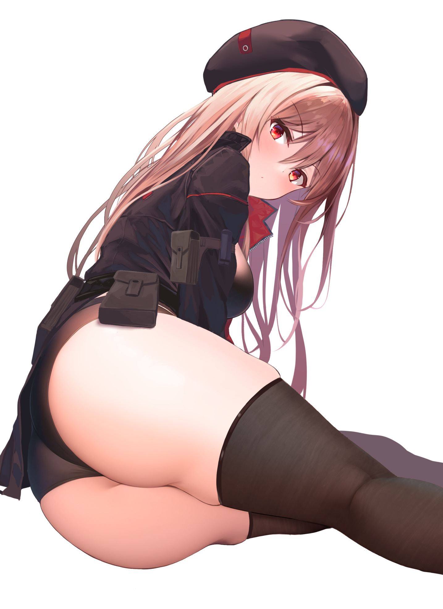 1girls, ass, ass focus, black legwear, breasts, brown hair, curvy, female, goddess of victory: nikke, hat, highres, huge ass, light skin, light-skinned female, long hair, looking at viewer, lying, military, military hat, military uniform, on side, rapi (nikke), red eyes, shorts, simple background, thick thighs, thighhighs, thighs, white background, wide hips, yukishiro arte