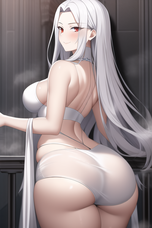 1girls, ai generated, alternate breast size, ass, blush, breasts, fate (series), fate/grand order, fate/kaleid liner prisma illya, fate/zero, female, hips, huge ass, huge breasts, irisviel von einzbern, long hair, looking at viewer, mature female, milf, mother, nai diffusion, red eyes, slim waist, smile, stable diffusion, thick thighs, thighs, white hair, wide hips